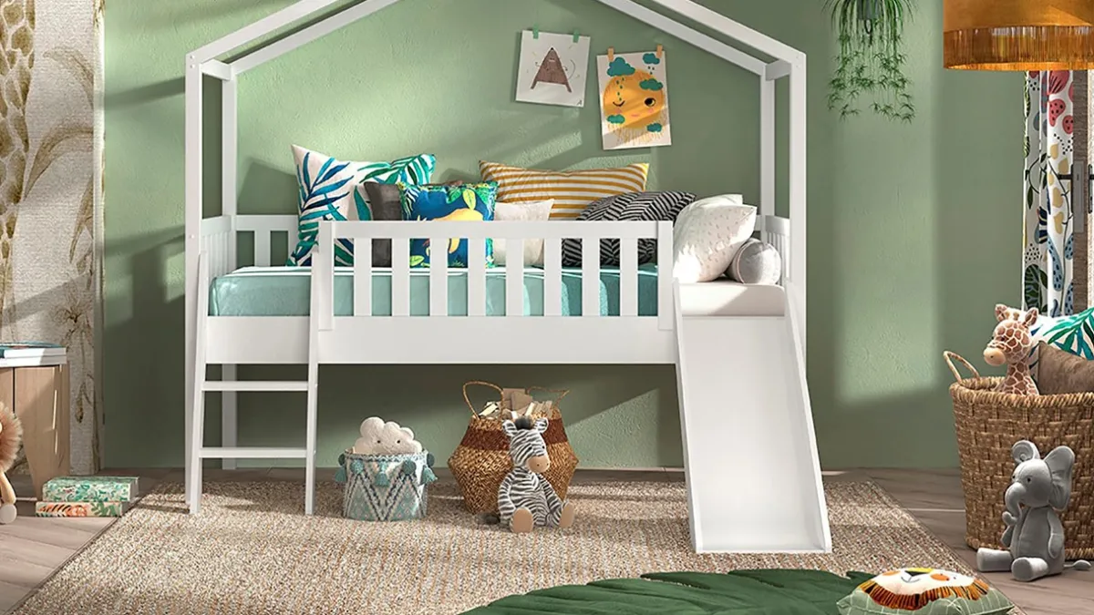 Discount Vipack Halfhoogslaper Dallas als huis met glijbaan wit
