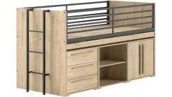 Discount Vipack Halfhoogslaper Sam met boekenkast, commode 2 deuren en commode 3 laden eik