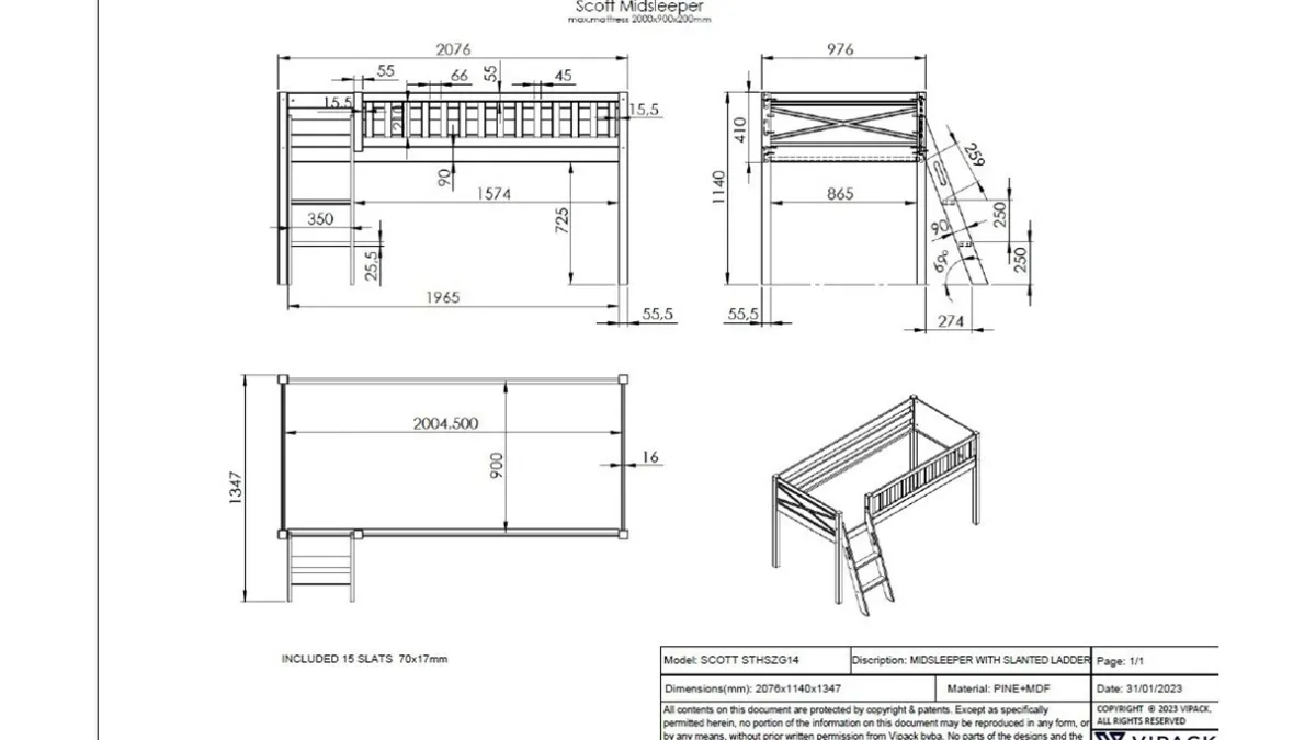 Outlet Vipack Halfhoogslaper Scott met bureau en 2 commodes wit